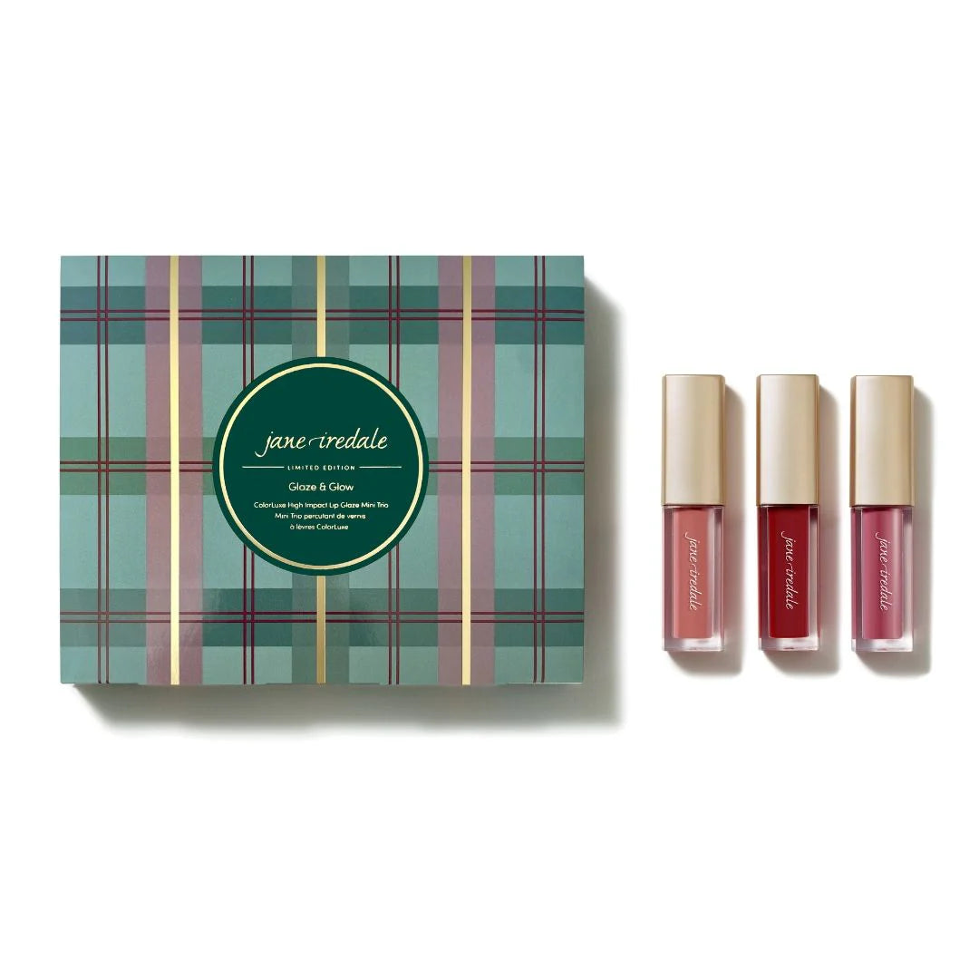 Jane Iredale Glaze & Glow ColorLuxe High Impact Lip Glaze Mini Trio in Au Naturel, Siren, and Flush.