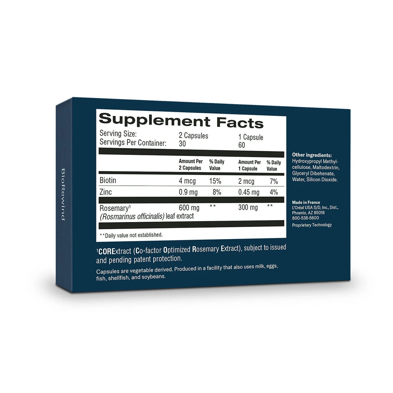 Supplement facts label on a blue box with white background
