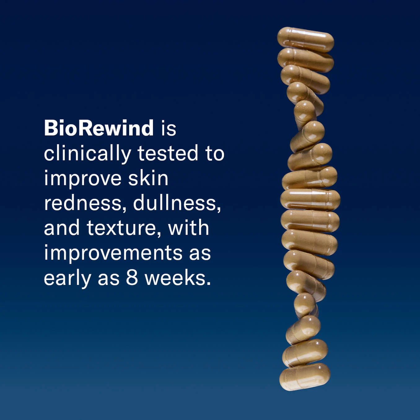 BioRewind capsules on a blue background with text about skin improvement.