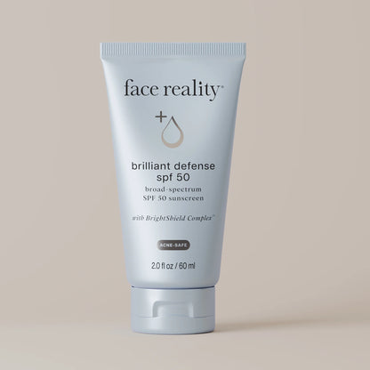 Face Reality Skincare Brilliant Defense SPF 50 broad-spectrum sunscreen for acne-prone skin.