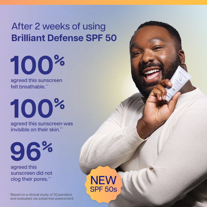 Face Reality Brilliant Defense SPF 50 with broad-spectrum UVA and UVB protection.