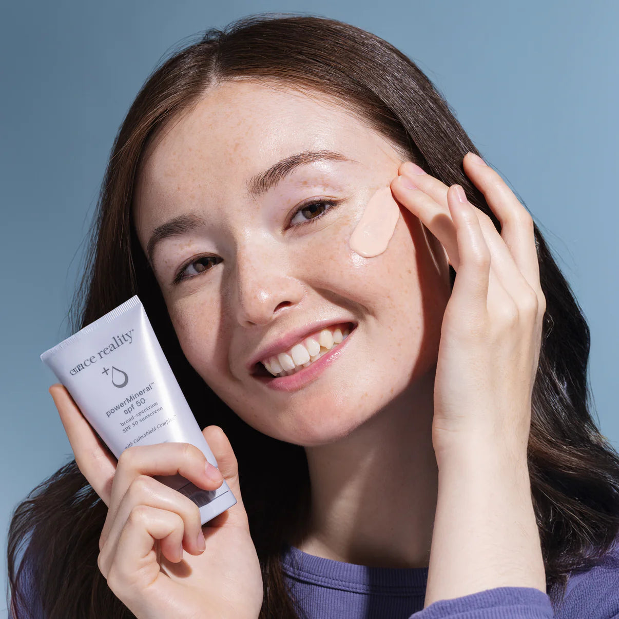 Face Reality powerMineral SPF 50 with CalmShield Complex for sensitive skin.