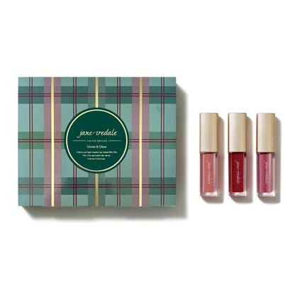 Jane Iredale Glaze &amp; Glow ColorLuxe High Impact Lip Glaze Mini Trio in Au Naturel, Siren, and Flush.