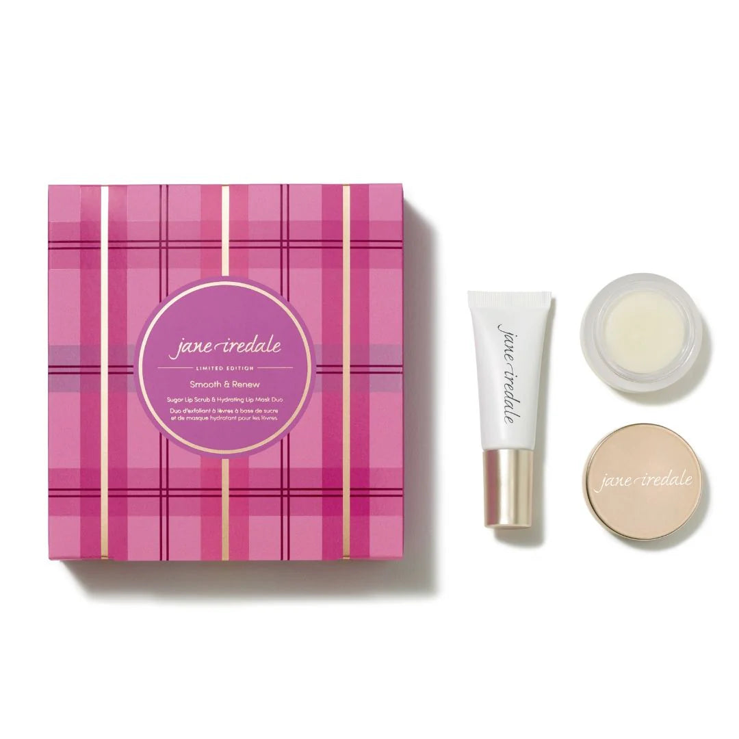 Jane Iredale vegan lip scrub and hydrating lip mask for smooth, soft lips.