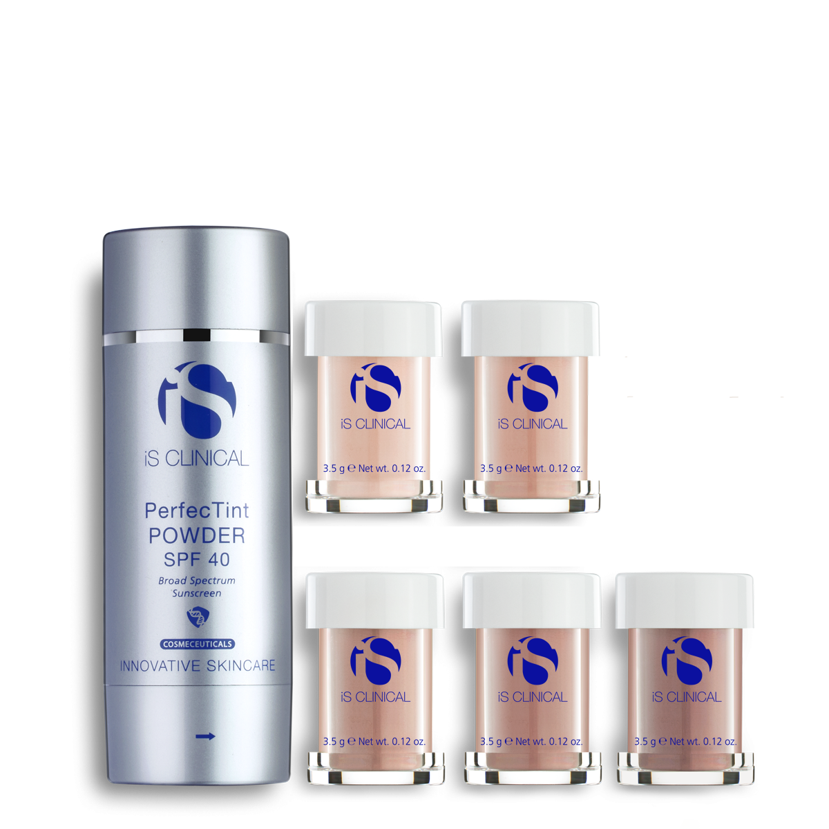 iS Clinical PerfecTint Powder SPF 40 - a cosmetic powder that provides silky smooth broad spectrum coverage to help protect skin against the visible signs of photoaging while minimizing the appearance of pores and absorbing surface oil to create a flawless finish. Showing all color shades available. 