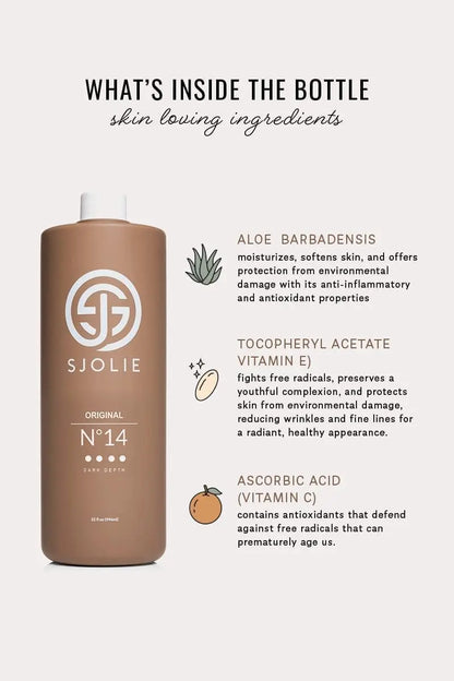 Sjolie Original No.14 Dark Depth 14% DHA spray tan solution with olive undertones.
