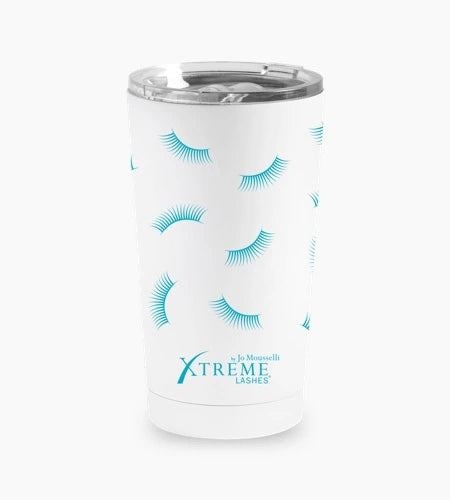 Xtreme Lashes Limited Edition Lashista insulated travel mug with Aqua Lashes design.
