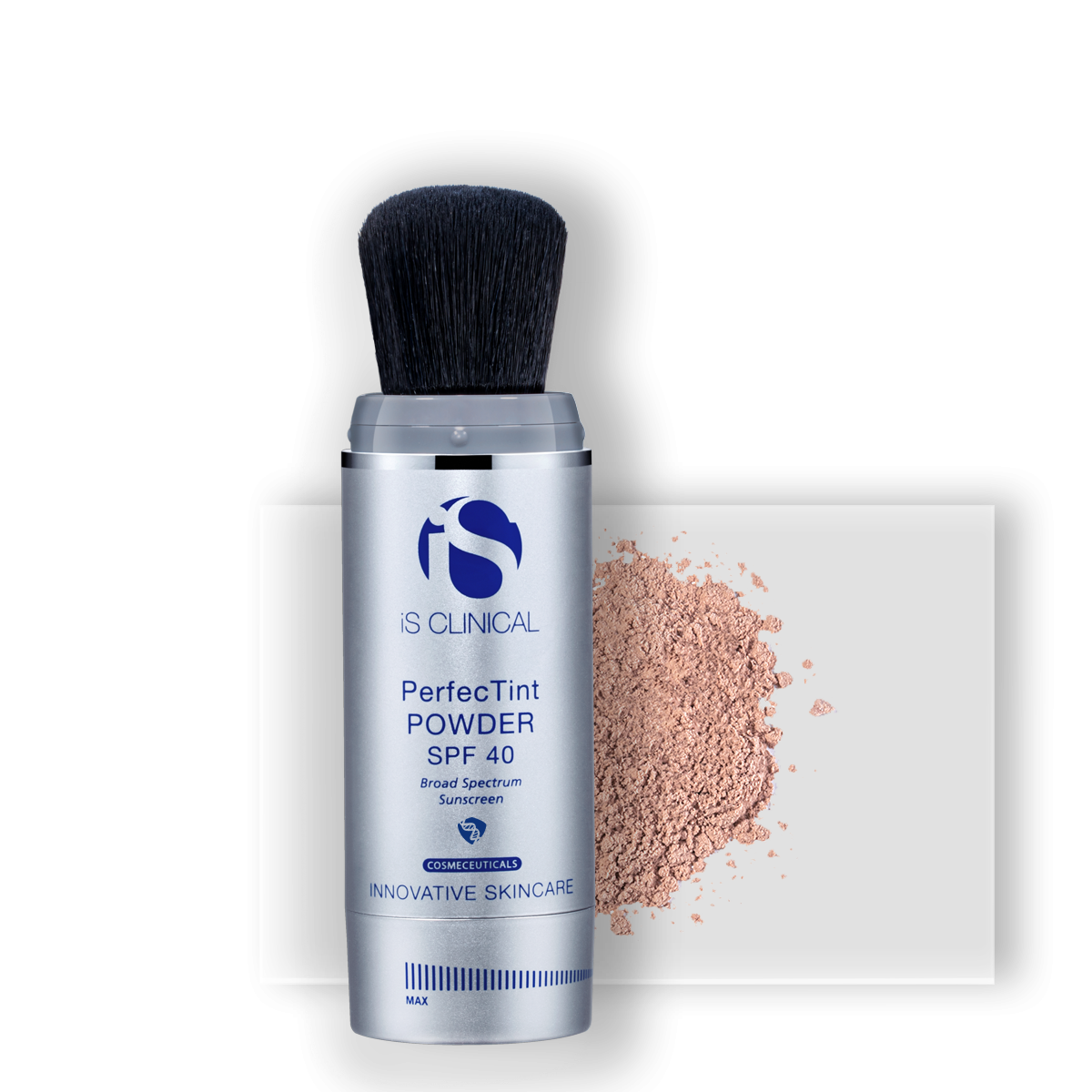 iS Clinical PerfecTint Powder SPF 40 - a cosmetic powder that provides silky smooth broad spectrum coverage to help protect skin against the visible signs of photoaging while minimizing the appearance of pores and absorbing surface oil to create a flawless finish. Shown in beige.