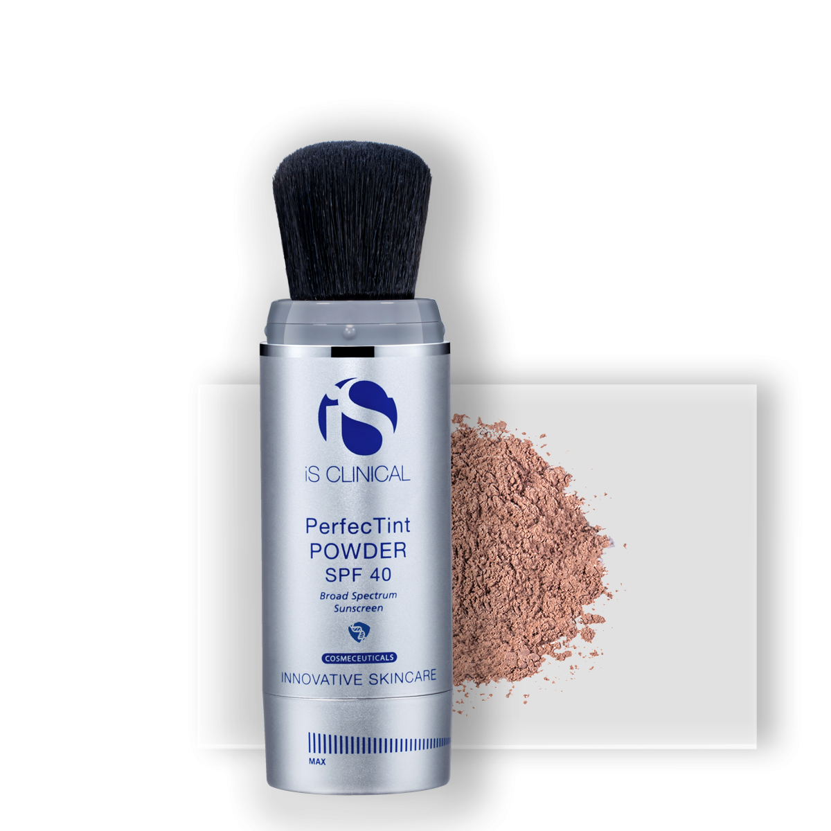 iS Clinical PerfecTint Powder SPF 40 - a cosmetic powder that provides silky smooth broad spectrum coverage to help protect skin against the visible signs of photoaging while minimizing the appearance of pores and absorbing surface oil to create a flawless finish. Shown in bronze.