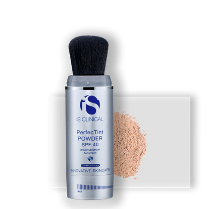 iS Clinical PerfecTint Powder SPF 40 - a cosmetic powder that provides silky smooth broad spectrum coverage to help protect skin against the visible signs of photoaging while minimizing the appearance of pores and absorbing surface oil to create a flawless finish. Shown in cream.