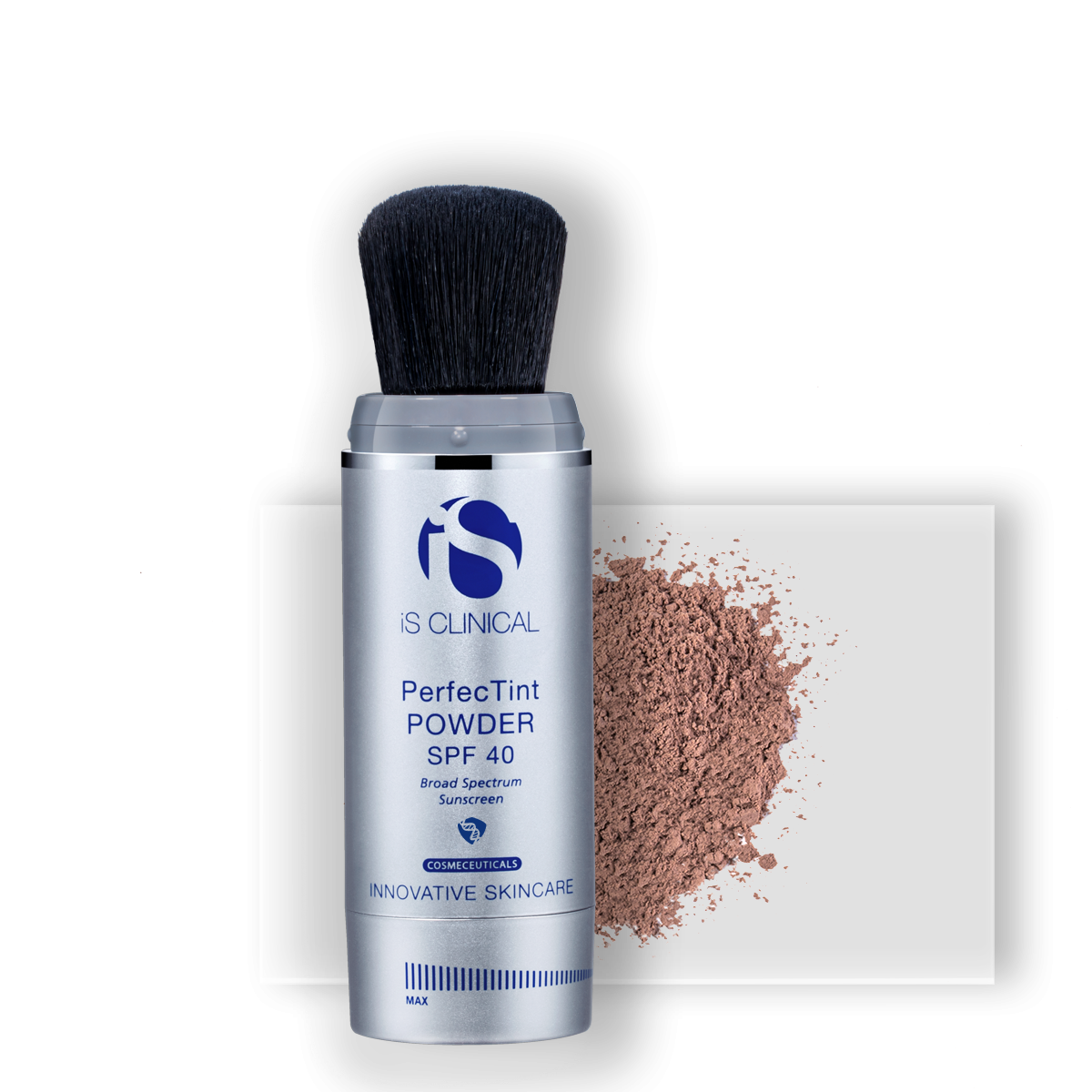 iS Clinical PerfecTint Powder SPF 40 - a cosmetic powder that provides silky smooth broad spectrum coverage to help protect skin against the visible signs of photoaging while minimizing the appearance of pores and absorbing surface oil to create a flawless finish. Shown in deep.