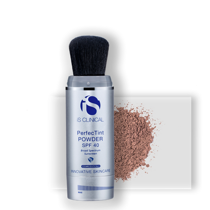iS Clinical PerfecTint Powder SPF 40 - a cosmetic powder that provides silky smooth broad spectrum coverage to help protect skin against the visible signs of photoaging while minimizing the appearance of pores and absorbing surface oil to create a flawless finish. Shown in deep.